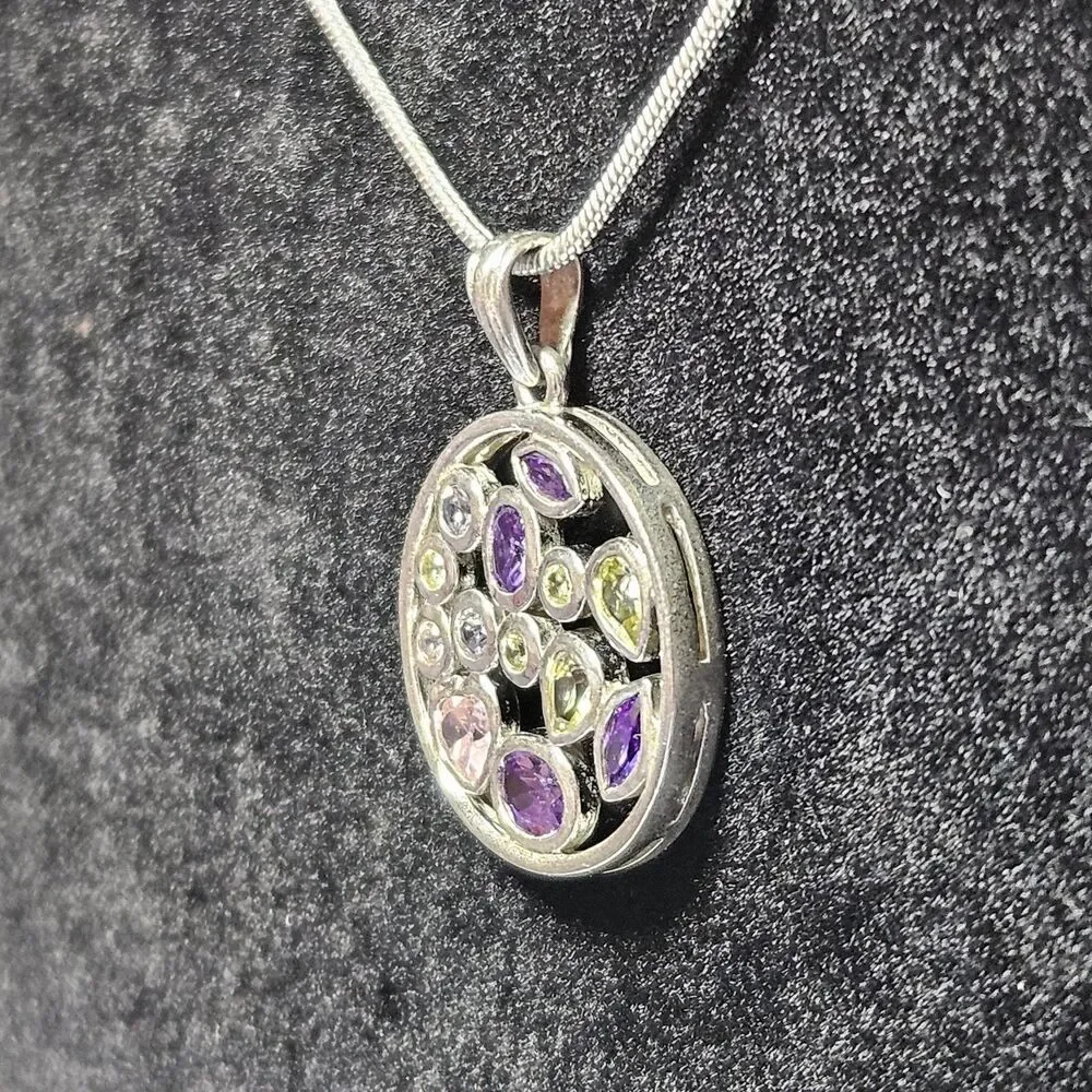 Sterling Silver Multicolored Rhinestone Round Pendant Necklace 20